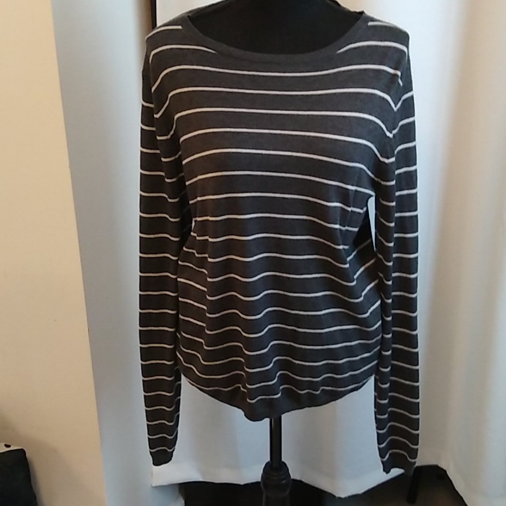 Grey and White Striped Crew Neck Sweater
